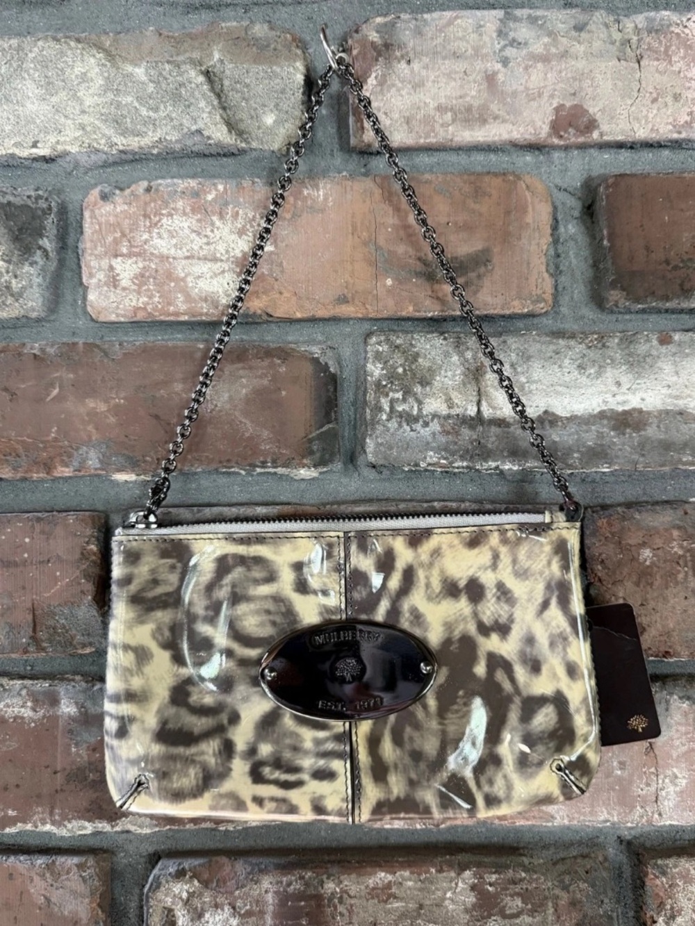 Mulberry Leopard-Print Patent Leather Chain Wristlet in Beige and Brown